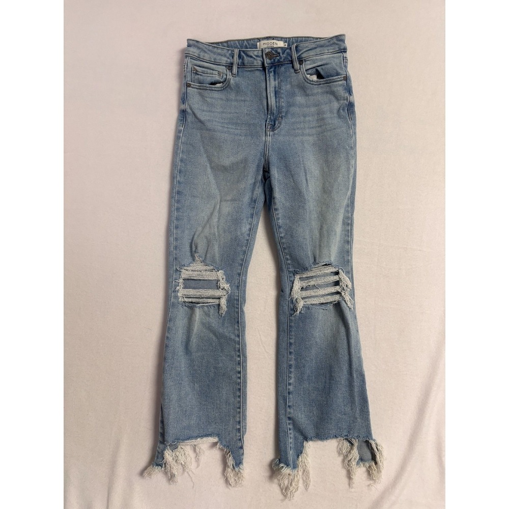 Hidden Womens 28 "Happi" Medium wash knee Distressed Frayed Hem Cropped Flare